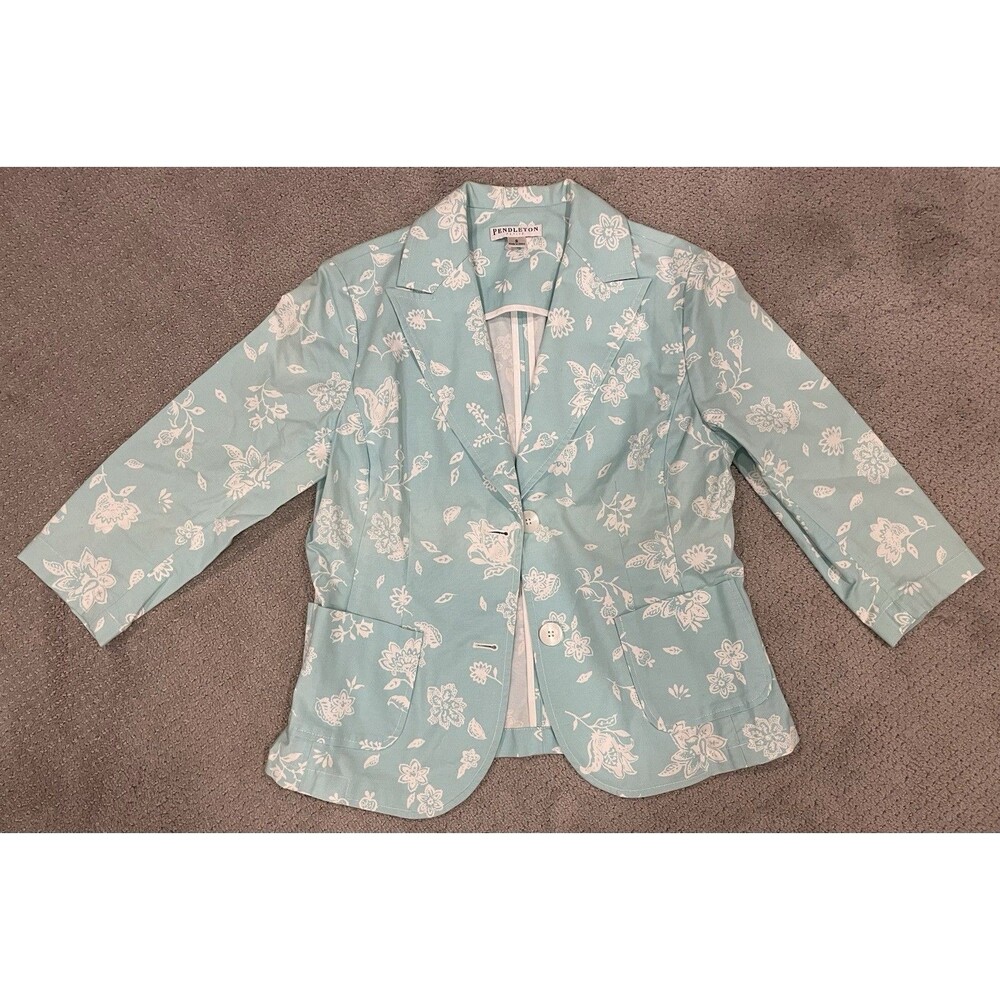 Pendleton Petites Blazer Womens S Aqua Blue White Floral Cotton Stretch Jacket